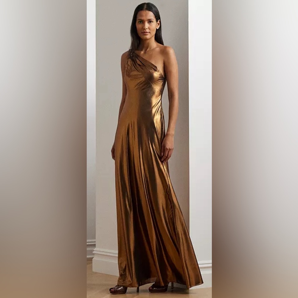 Lauren Ralph Lauren One-Shoulder Metallic Bronze Gown